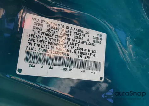 2003 Honda Odyssey Ex z USA, uszkodzony, nr VIN 5FNRL18683B063446